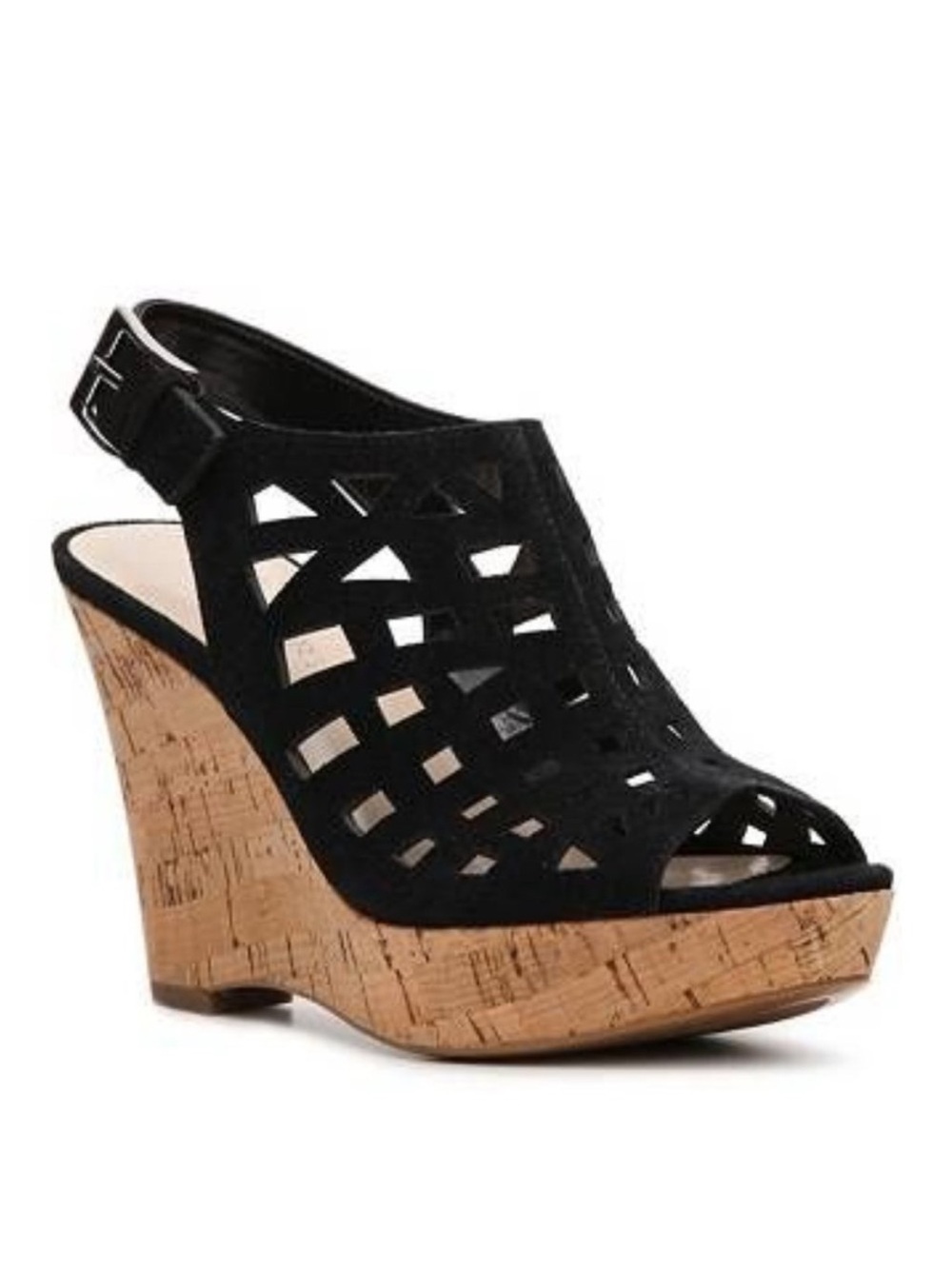 Franco Sarto ‘Sassy’ Suede Cutout Cork Heeled Wedge Sandals, Black, Sz 9